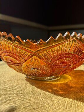Vintage Rare  Iridescent Marigold Carnival Glass Hobstar  bowl   the  bluish   o